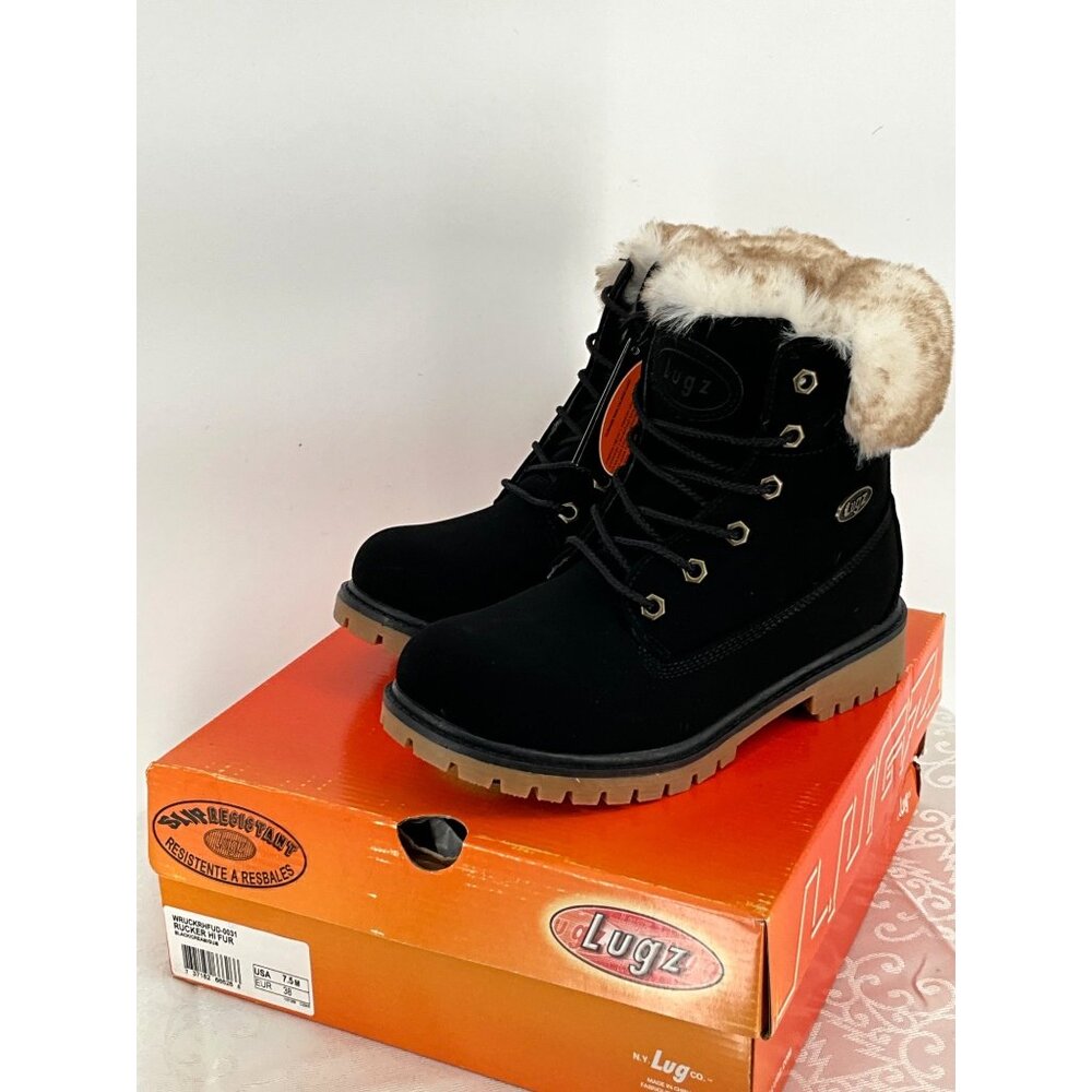 Lugz Womens Rucker Hi Fur Slip Resistant‎ Black/Cream Boots Size 7.5 M